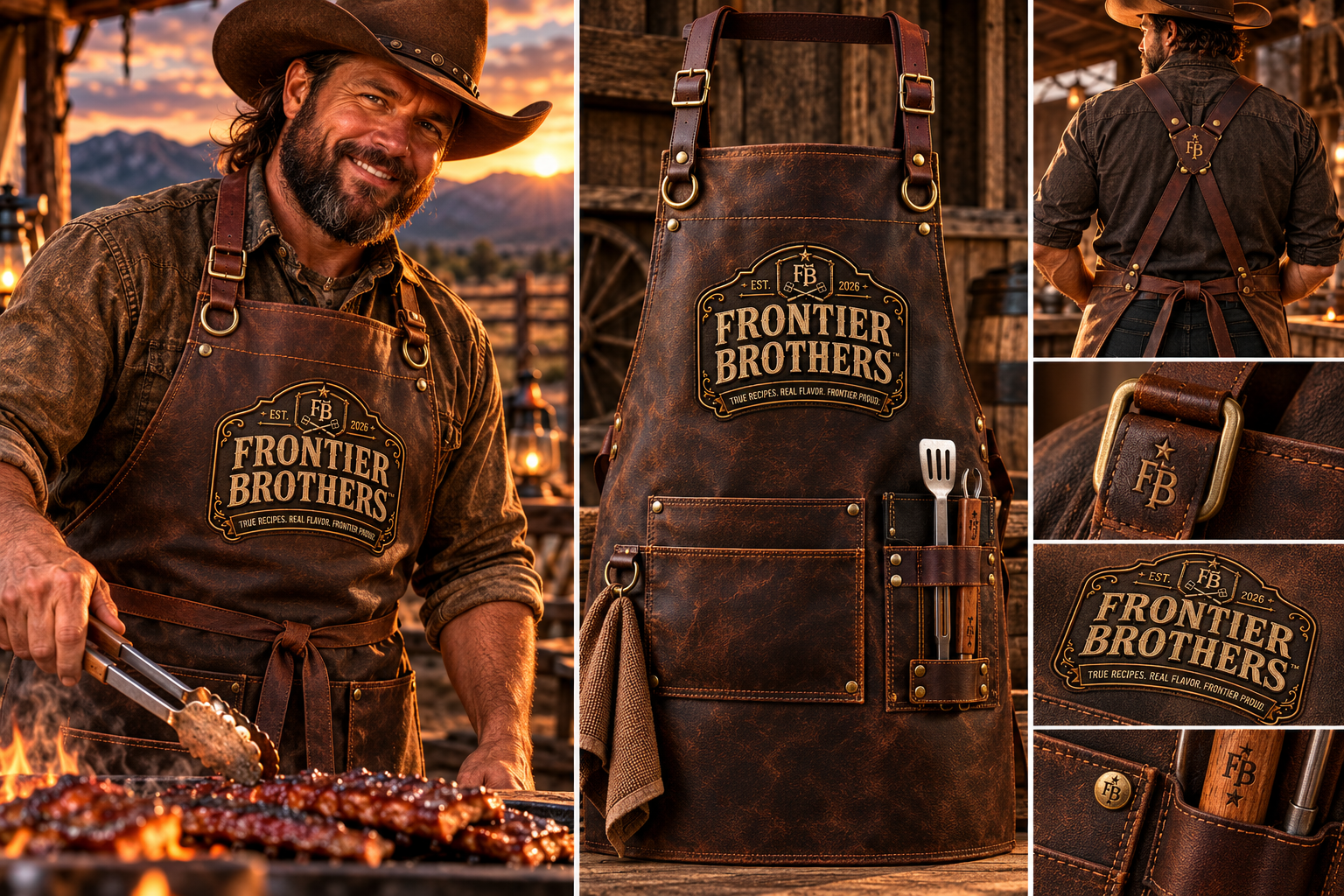 Frontier Brothers brown leather-look BBQ apron with tool pockets