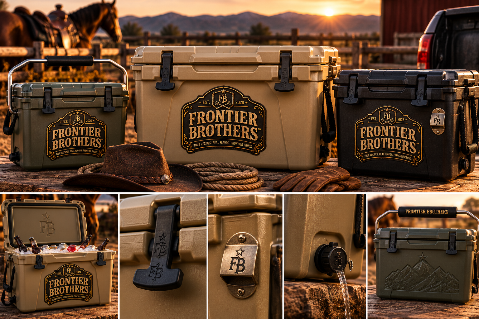 Frontier Brothers hard coolers in three sizes at a ranch