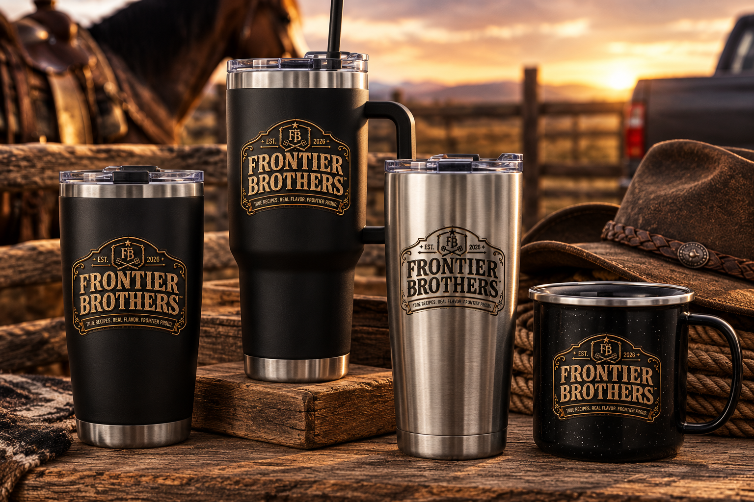 Frontier Brothers insulated tumblers and camp mug