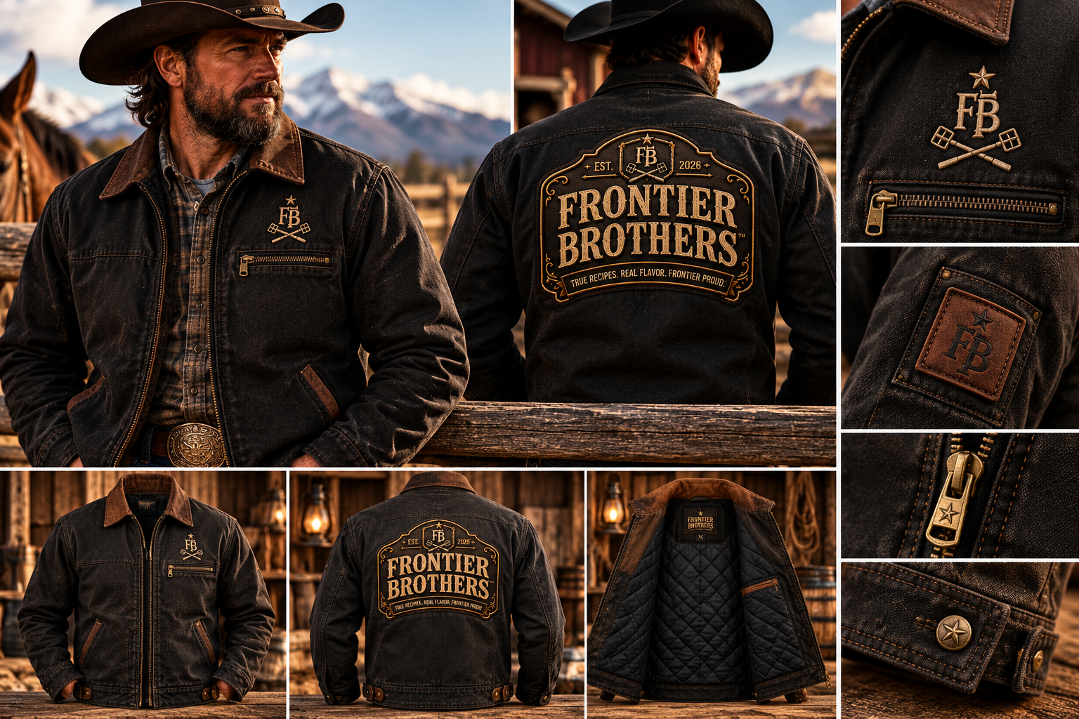 Frontier Brothers dark canvas ranch jacket shown from the front and back